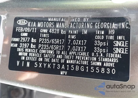 2011 Kia Sorento Lx z USA, uszkodzony, nr VIN 5XYKT3A15BG155830